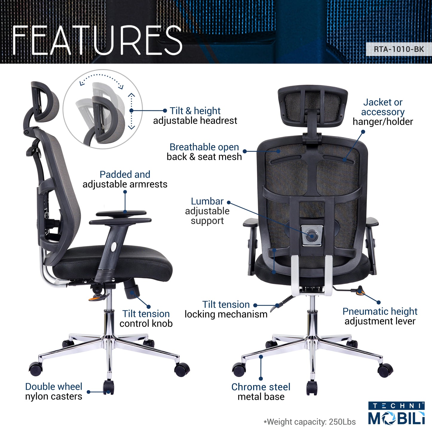 Techni Mobili High Back Executive Mesh Office Chair with Arms, Lumbar Support and Chrome Base, Black RTA-1010-BK