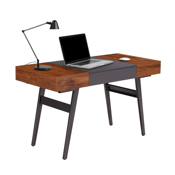 Techni Mobili Writing Desk - Dual Side & Pull-Out Front Drawer - Coated Grey Steel Frame - Mahogany RTA-1854-MAH
