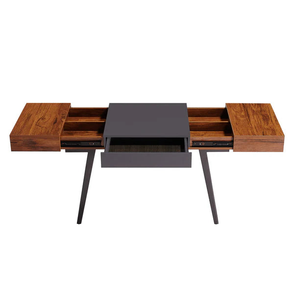 Techni Mobili Writing Desk - Dual Side & Pull-Out Front Drawer - Coated Grey Steel Frame - Mahogany RTA-1854-MAH