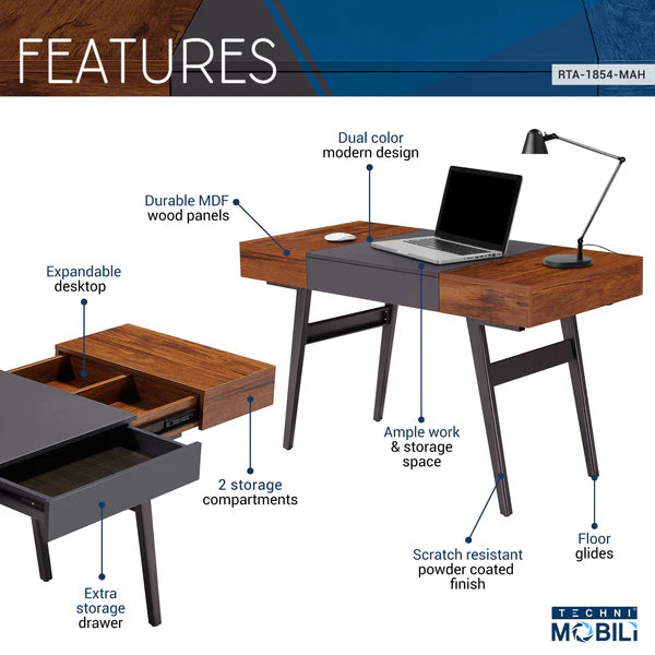 Techni Mobili Writing Desk - Dual Side & Pull-Out Front Drawer - Coated Grey Steel Frame - Mahogany RTA-1854-MAH