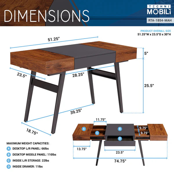Techni Mobili Writing Desk - Dual Side & Pull-Out Front Drawer - Coated Grey Steel Frame - Mahogany RTA-1854-MAH