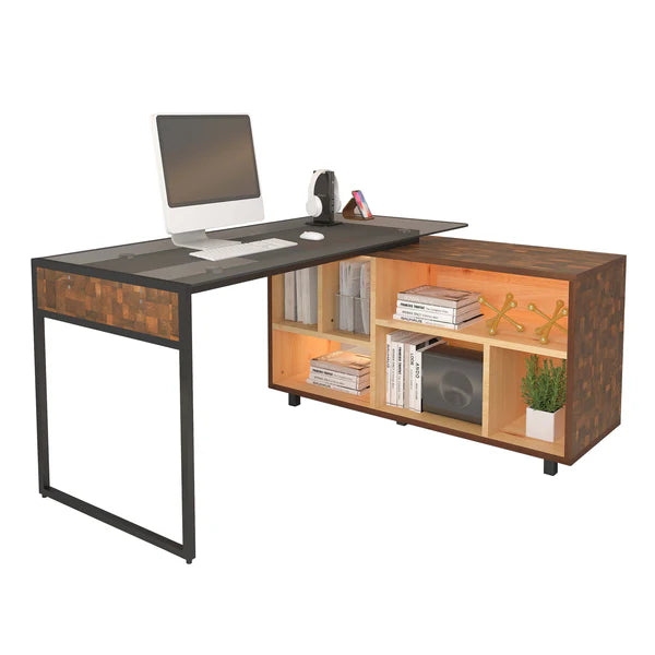 Techni Mobili L-Shape Corner Desk with Multiple Storage, Oak RTA-385DL-OAK