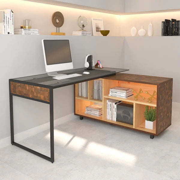 Techni Mobili L-Shape Corner Desk with Multiple Storage, Oak RTA-385DL-OAK