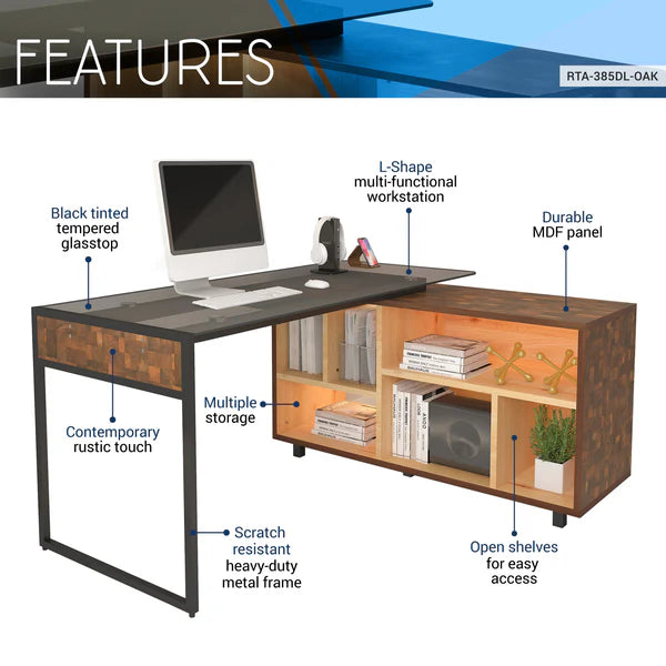 Techni Mobili L-Shape Corner Desk with Multiple Storage, Oak RTA-385DL-OAK