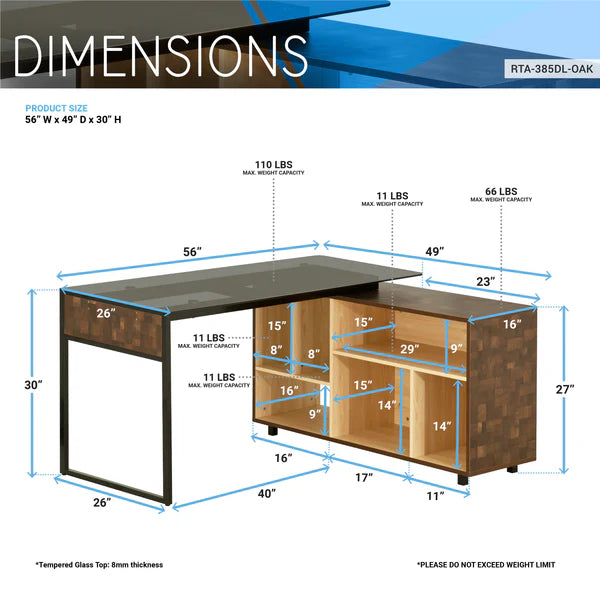 Techni Mobili L-Shape Corner Desk with Multiple Storage, Oak RTA-385DL-OAK