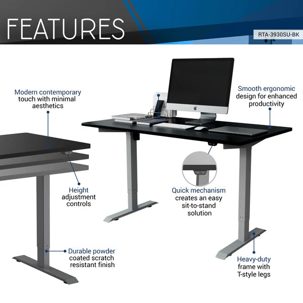 Techni Mobili Adjustable Sit to Stand Desk, Black RTA-3930SU-BK