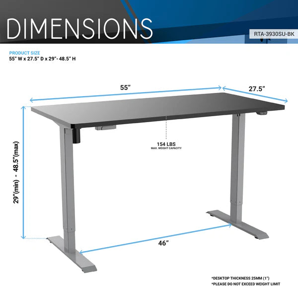 Techni Mobili Adjustable Sit to Stand Desk, Black RTA-3930SU-BK