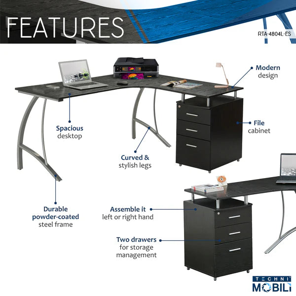 Techni Mobili Modern L- Shaped Computer Desk with File Cabinet and Storage, Espresso RTA-4804L-ES