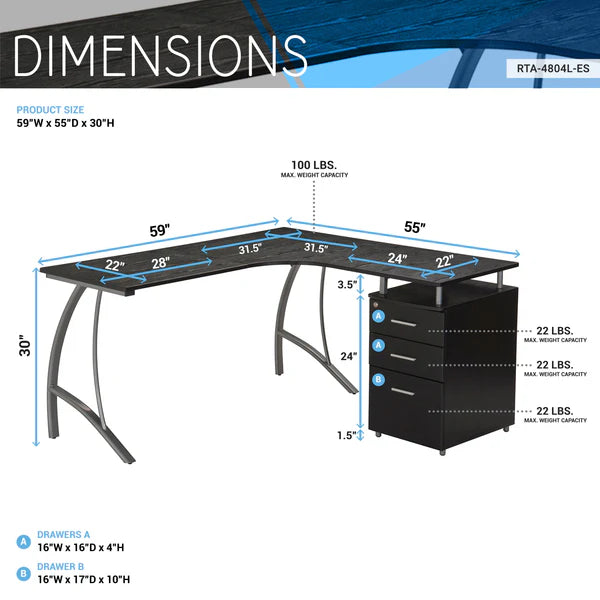 Techni Mobili Modern L- Shaped Computer Desk with File Cabinet and Storage, Espresso RTA-4804L-ES
