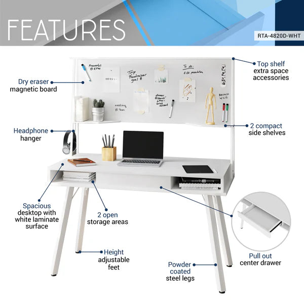 Techni Mobili Study Computer Desk with Storage & Magnetic Dry Erase White Board, White RTA-4820D-WHT