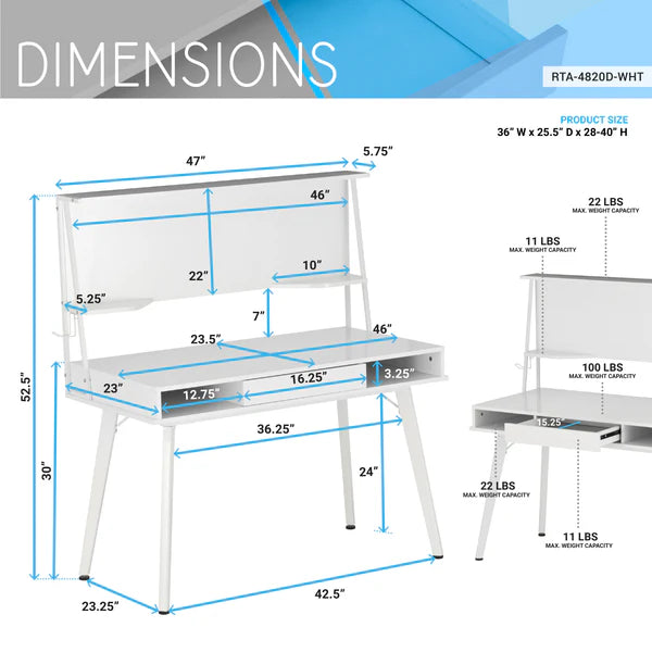 Techni Mobili Study Computer Desk with Storage & Magnetic Dry Erase White Board, White RTA-4820D-WHT