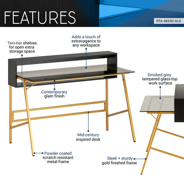 Techni Mobili Home Office Writing Desk with riser, Gold RTA-4833D-GLD