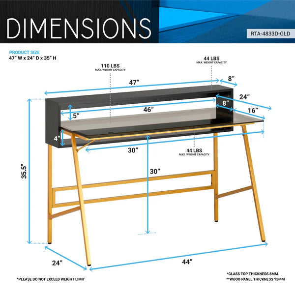 Techni Mobili Home Office Writing Desk with riser, Gold RTA-4833D-GLD