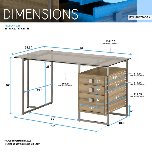 Techni Mobili Oak Computer Desk with Storage RTA-4837D-OAK