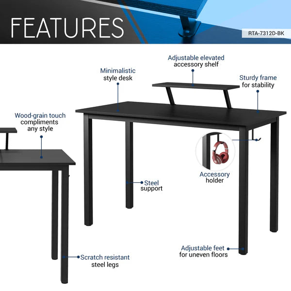 Techni Mobili Industrial Writing Desk, Black RTA-7312D-BK
