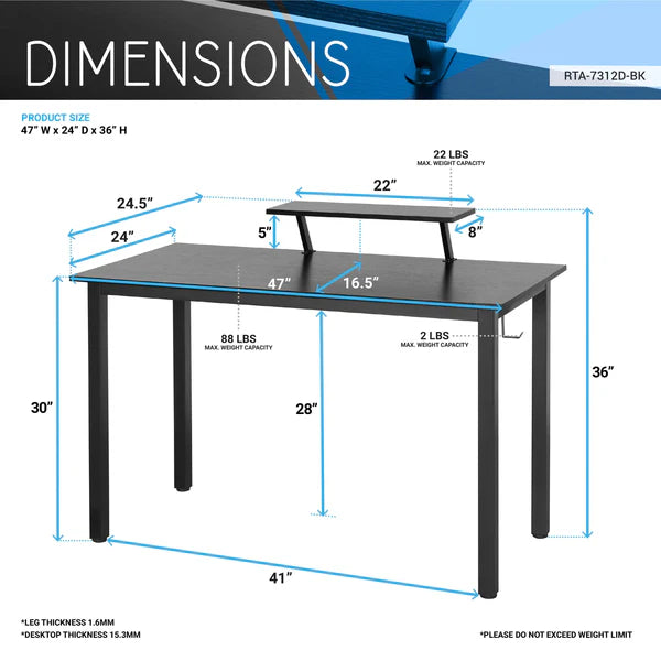 Techni Mobili Industrial Writing Desk, Black RTA-7312D-BK