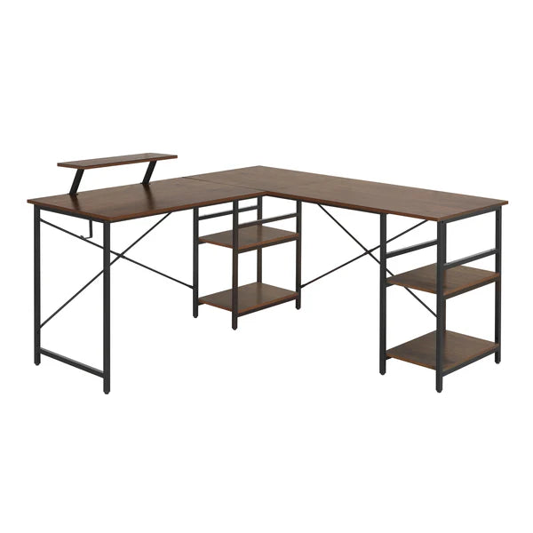 Techni Mobili L-Shape Industrial Desk with storage shelves, Walnut RTA-733DL-WAL