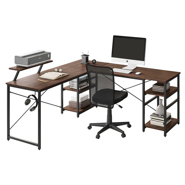 Techni Mobili L-Shape Industrial Desk with storage shelves, Walnut RTA-733DL-WAL