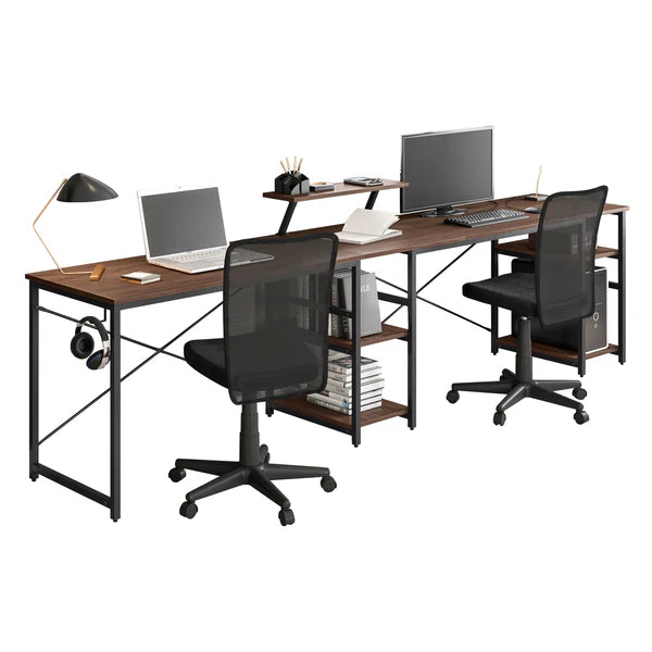 Techni Mobili L-Shape Industrial Desk with storage shelves, Walnut RTA-733DL-WAL