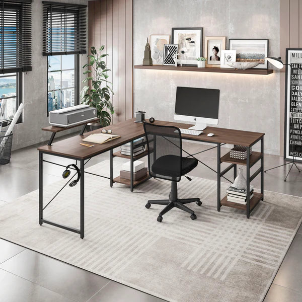 Techni Mobili L-Shape Industrial Desk with storage shelves, Walnut RTA-733DL-WAL