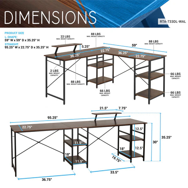 Techni Mobili L-Shape Industrial Desk with storage shelves, Walnut RTA-733DL-WAL