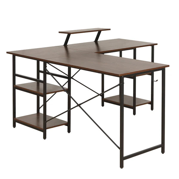 Techni Mobili L-Shape Industrial Desk with storage shelves, Walnut RTA-733DL-WAL