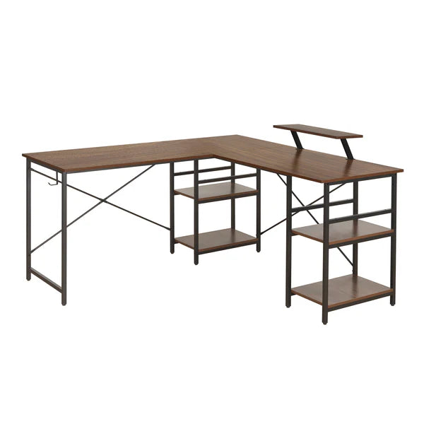 Techni Mobili L-Shape Industrial Desk with storage shelves, Walnut RTA-733DL-WAL