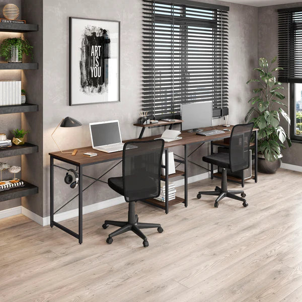 Techni Mobili L-Shape Industrial Desk with storage shelves, Walnut RTA-733DL-WAL
