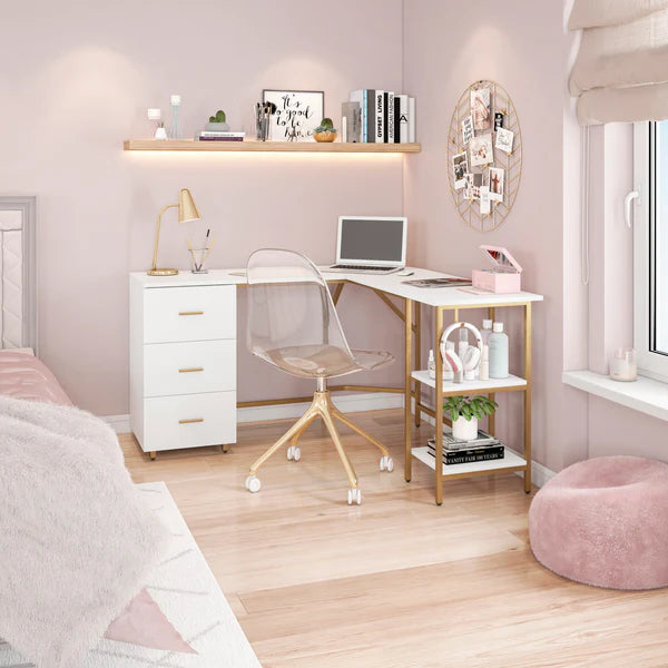 Techni Mobili L-Shape Home Office Two-Tone Desk with Storage