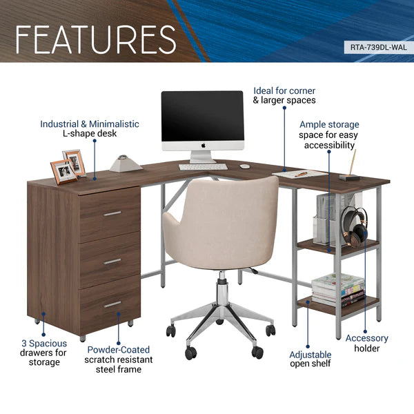 Techni Mobili L-Shape Home Office Two-Tone Desk with Storage