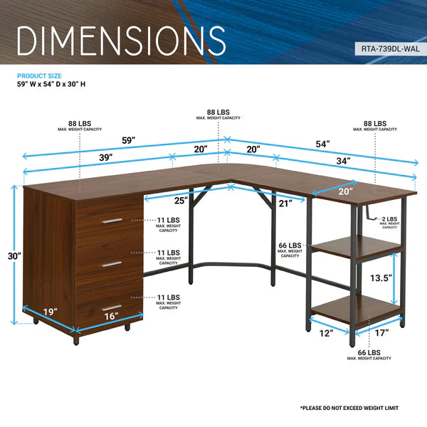 Techni Mobili L-Shape Home Office Two-Tone Desk with Storage