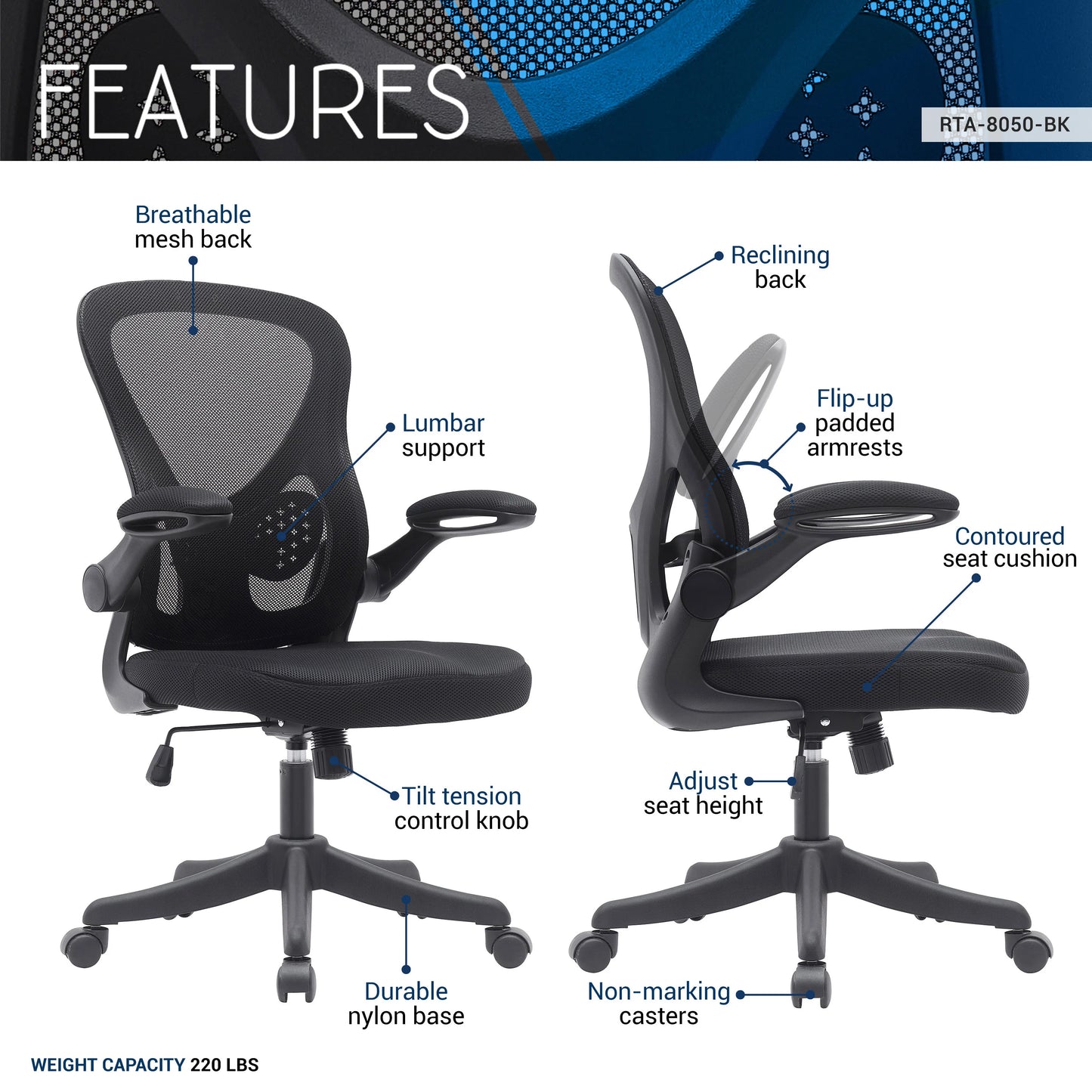 Techni Mobili Mesh Task Office Chair with Flip-Up Arms, Black RTA-8050-BK
