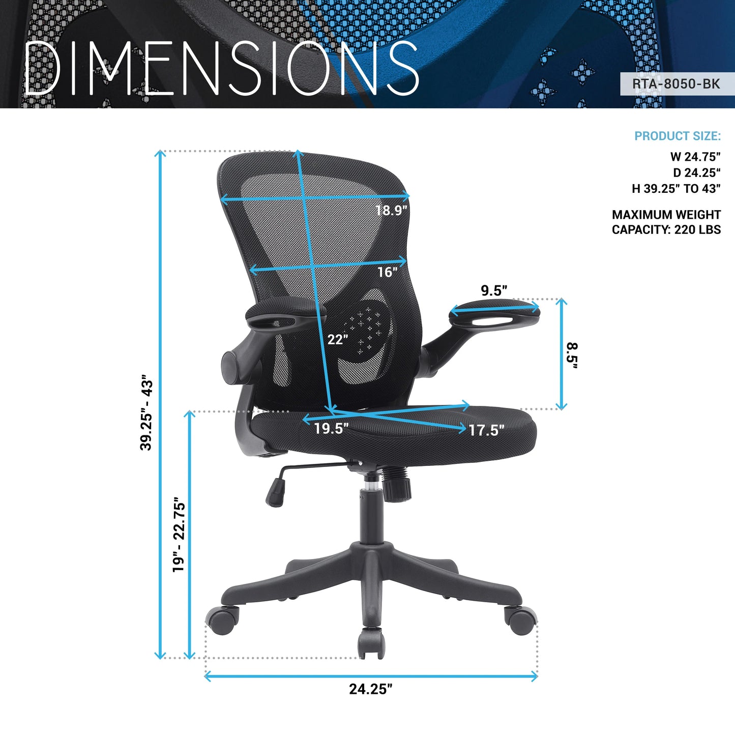 Techni Mobili Mesh Task Office Chair with Flip-Up Arms, Black RTA-8050-BK