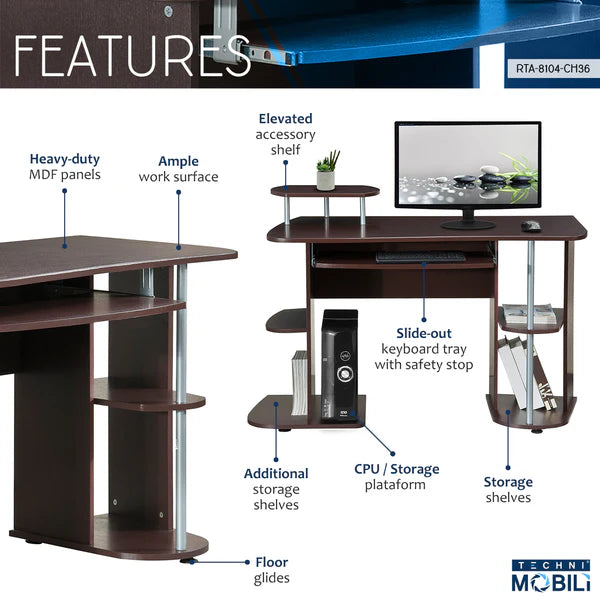 Techni Mobili Complete Computer Workstation Desk With Storage, Chocolate RTA-8104-CH36