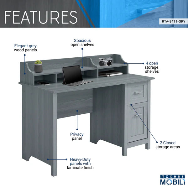 Techni Mobili Classic Office Desk with Storage, Grey RTA-8411-GRY