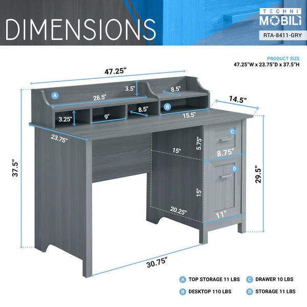 Techni Mobili Classic Office Desk with Storage, Grey RTA-8411-GRY