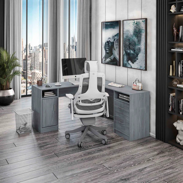 Techni Mobili Functional L-Shape Desk with Storage, Grey RTA-8412L-GRY