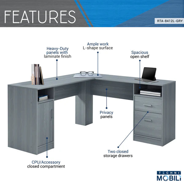Techni Mobili Functional L-Shape Desk with Storage, Grey RTA-8412L-GRY