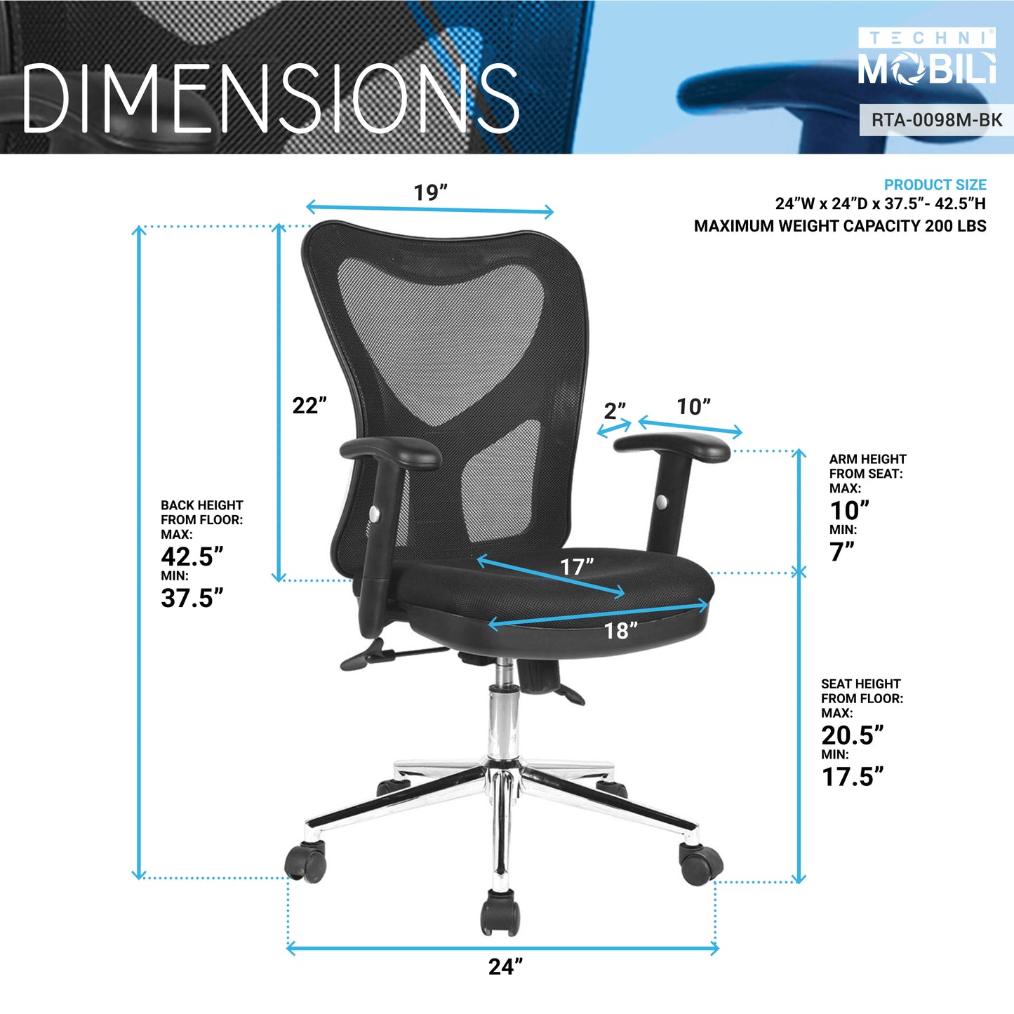 Techni Mobili High Back Mesh Office Chair With Chrome Base, Black RTA-0098M-BK