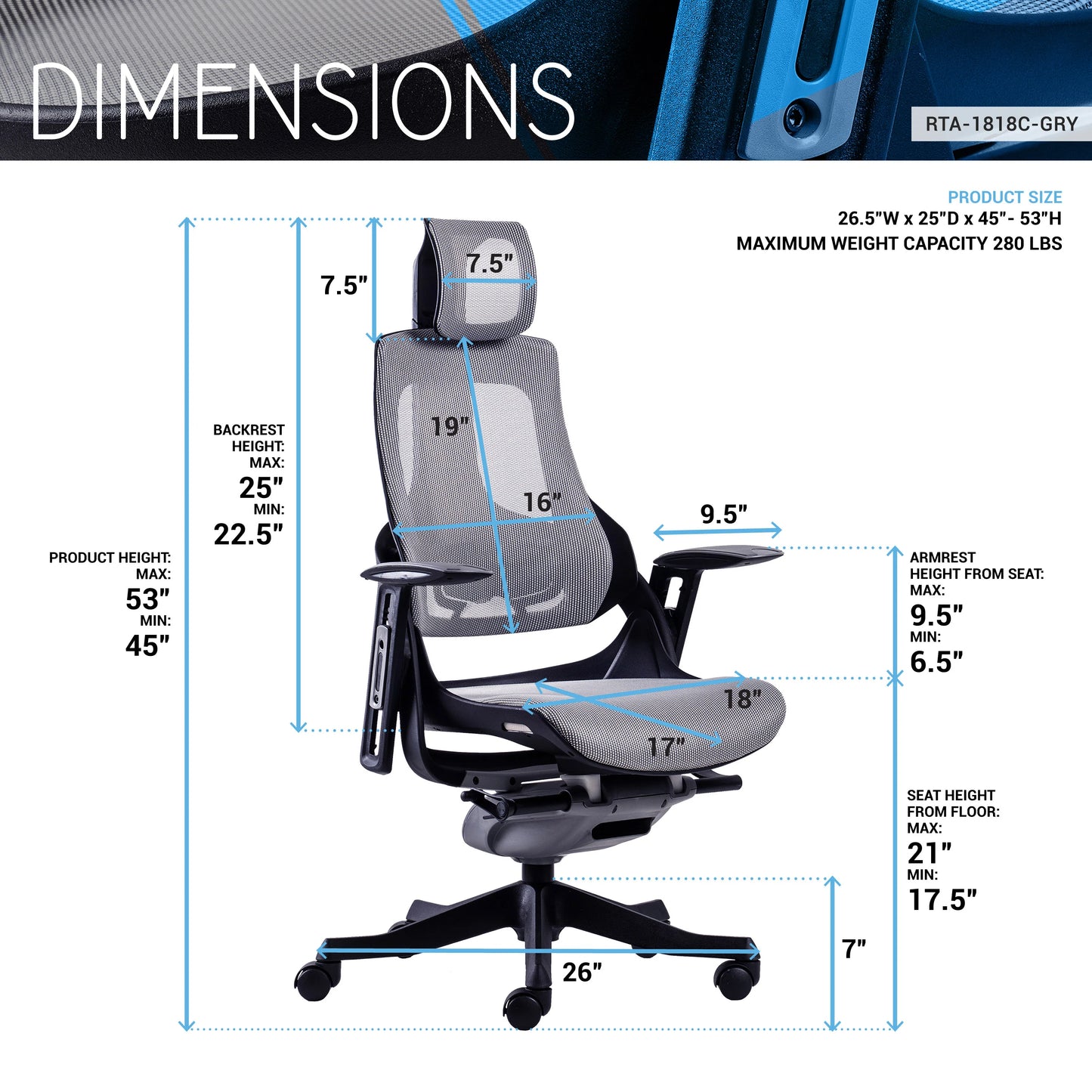 Techni Mobili LUX Ergonomic Executive Chair, Grey RTA-1818C-GRY