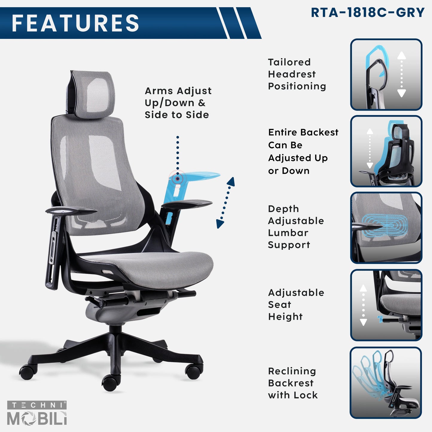 Techni Mobili LUX Ergonomic Executive Chair, Grey RTA-1818C-GRY