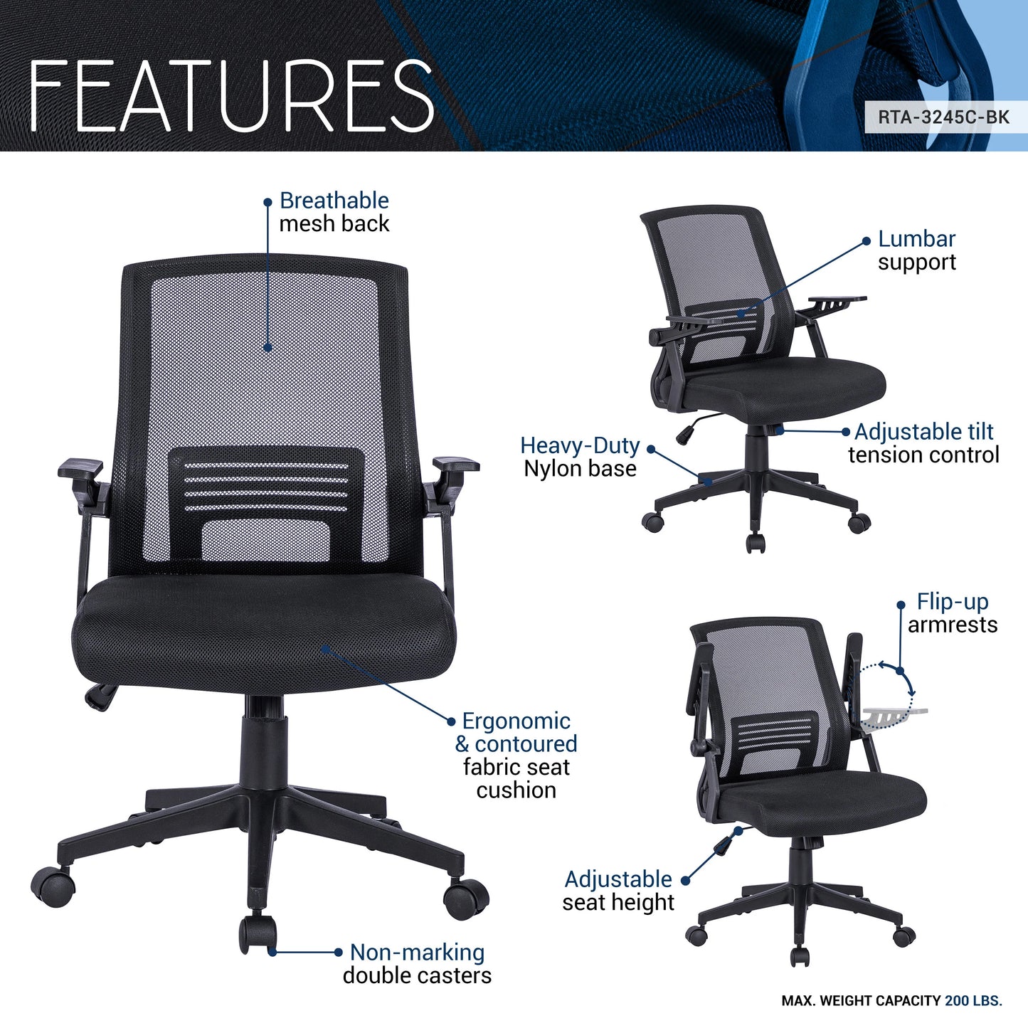 Techni Mobili Ergonomic Office Mesh Chair, Black RTA-3245C-BK