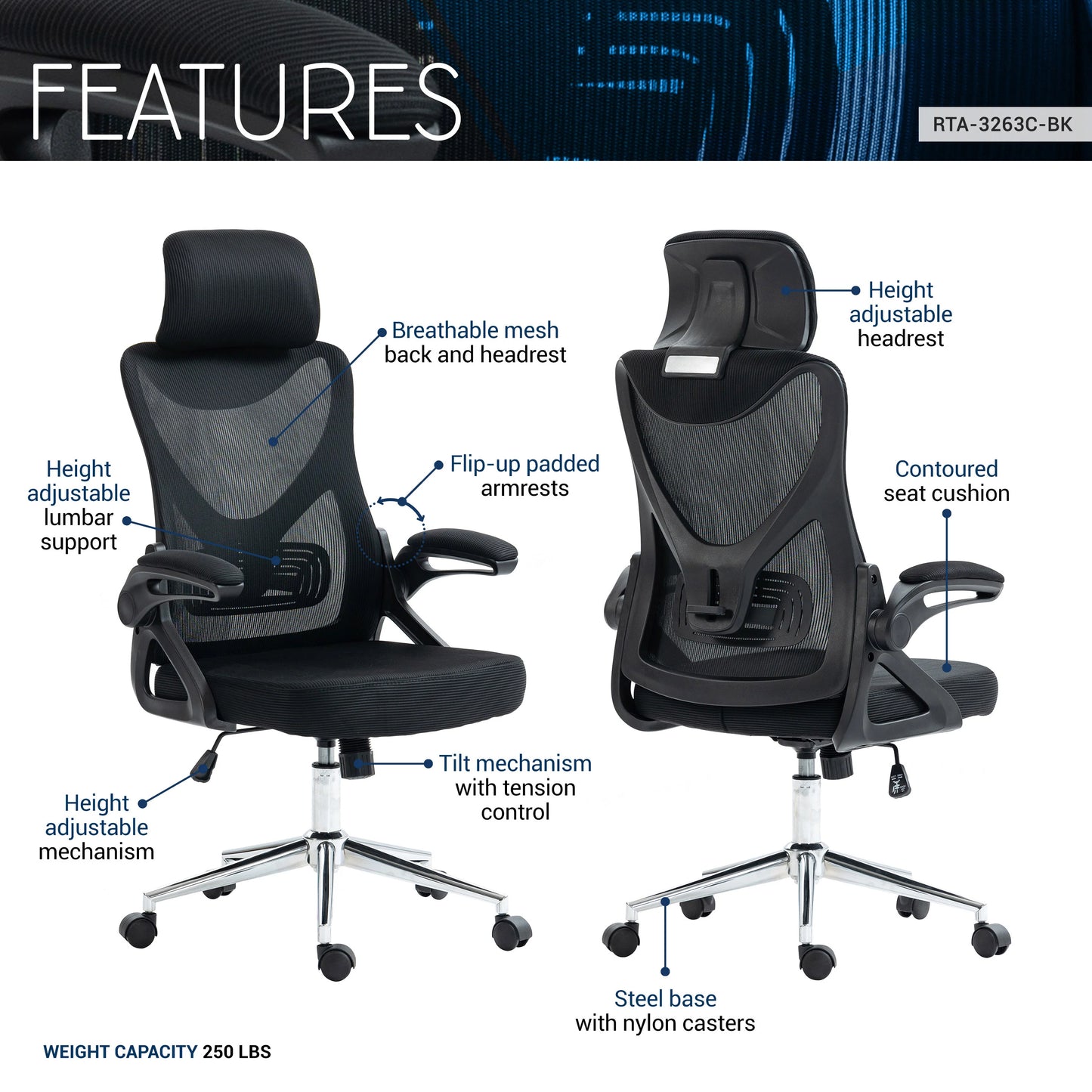 Techni Mobili Essential Ergonomic Office Chair with Headrest & Lumbar Support, Black RTA-3263C-BK