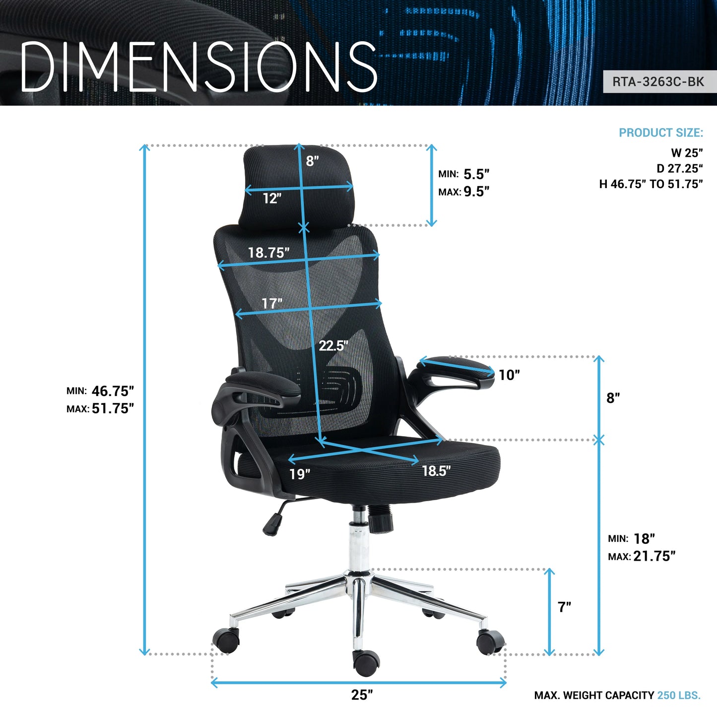 Techni Mobili Essential Ergonomic Office Chair with Headrest & Lumbar Support, Black RTA-3263C-BK