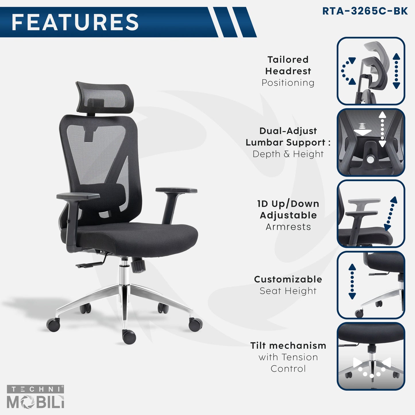 Techni Mobili Modern High-Back Mesh Executive Office Chair with Headrest and Flip-Up Arms, Silver Grey RTA-3265C-BK