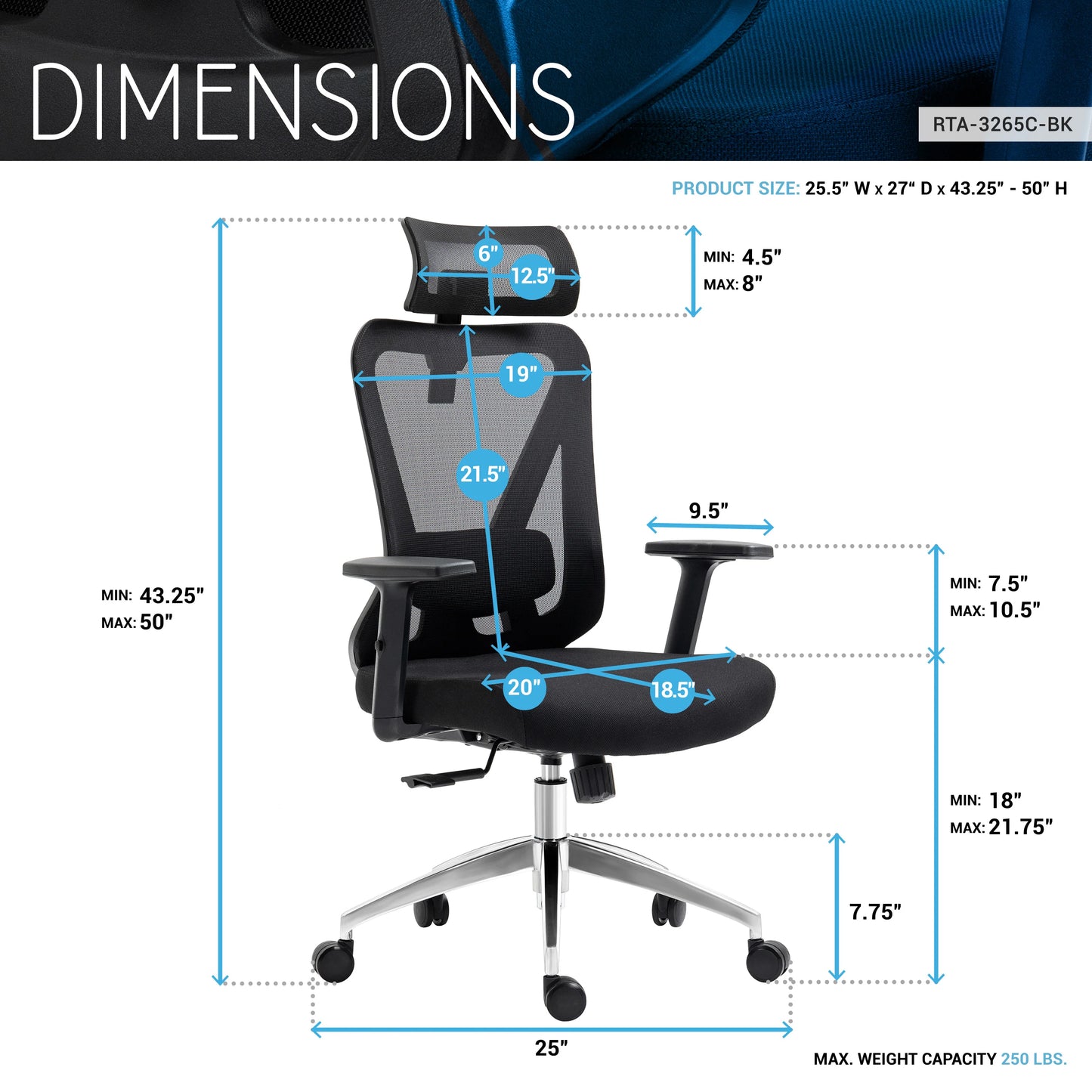 Techni Mobili Modern High-Back Mesh Executive Office Chair with Headrest and Flip-Up Arms, Silver Grey RTA-3265C-BK