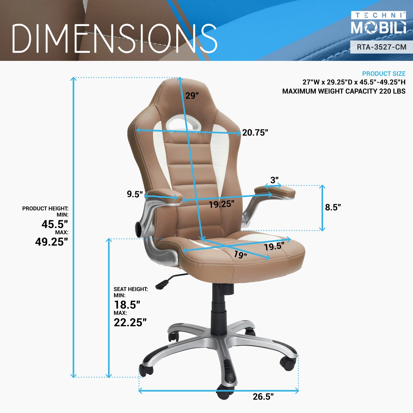 Techni Mobili High Back Executive Sport Race Office Chair with Flip-Up Arms, Camel RTA-3527-CM