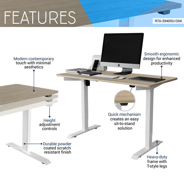 Techni Mobili Adjustable Sit to Stand Desk, Oak RTA-3940SU-OAK