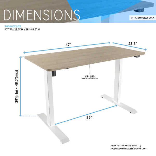 Techni Mobili Adjustable Sit to Stand Desk, Oak RTA-3940SU-OAK